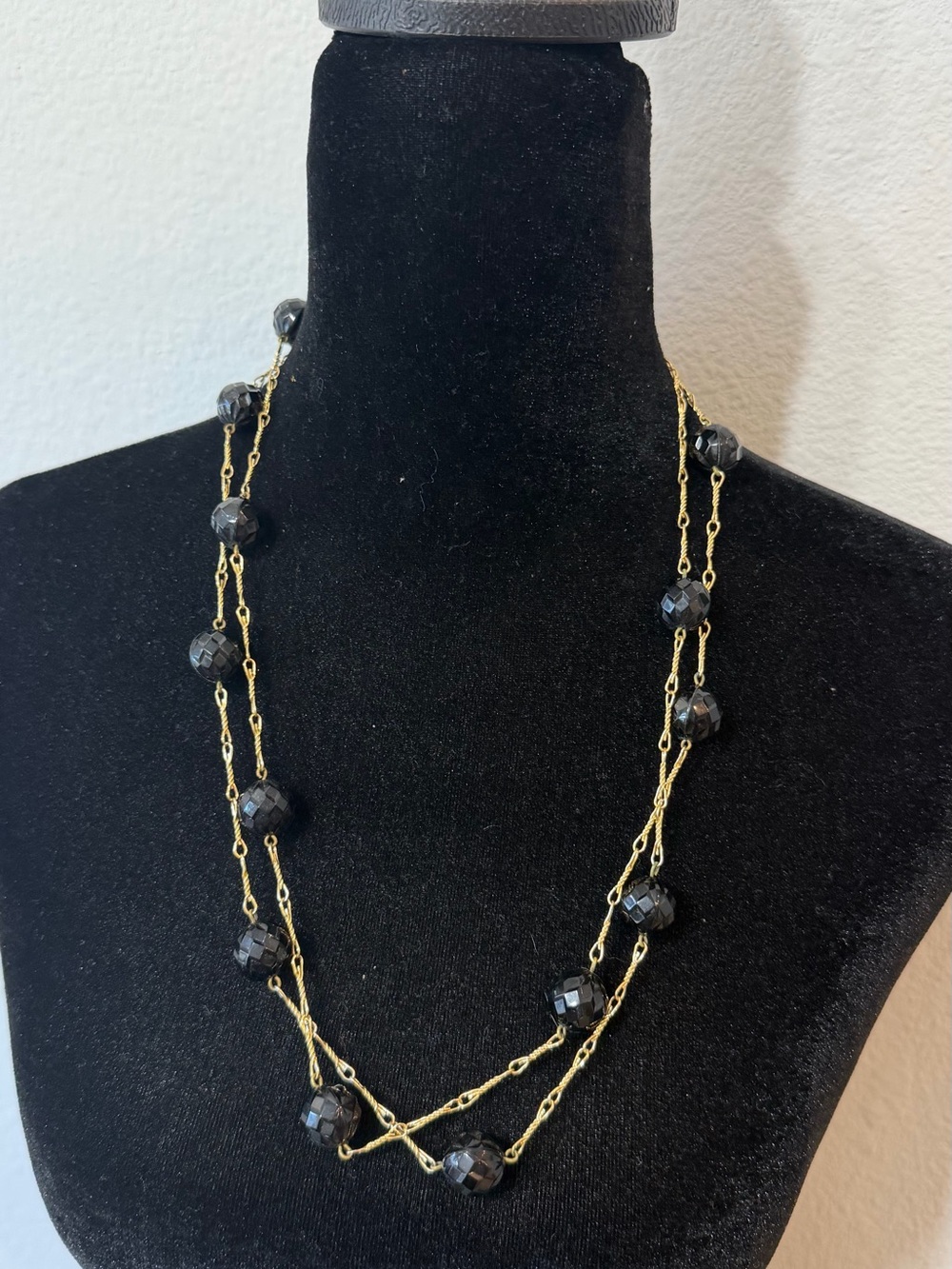 Gold Chain Necklace with Black Faceted Beads - Elegant Layered Style